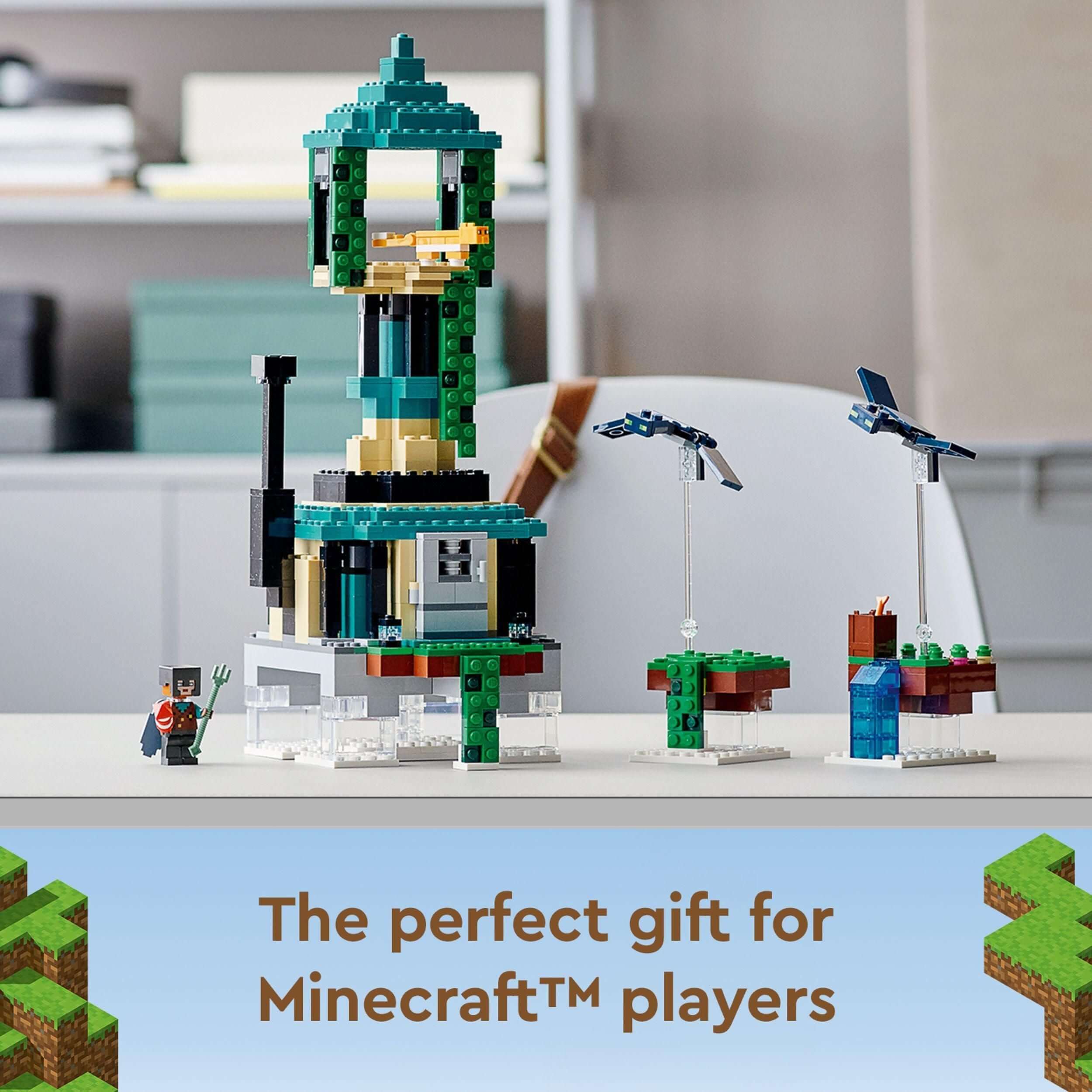 LEGO® Minecraft The Sky Tower Building Set 21173 displayed with Minecraft character, perfect for young gamers.