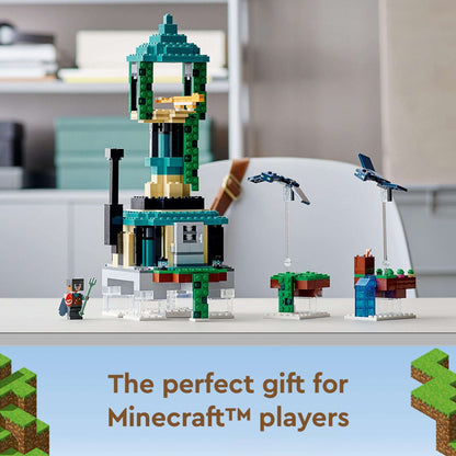 LEGO® Minecraft The Sky Tower Building Set 21173 displayed with Minecraft character, perfect for young gamers.