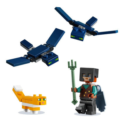 LEGO Minecraft Sky Tower set 21173 featuring a character, cat, and flying creature, capturing Minecraft's action and creativity.