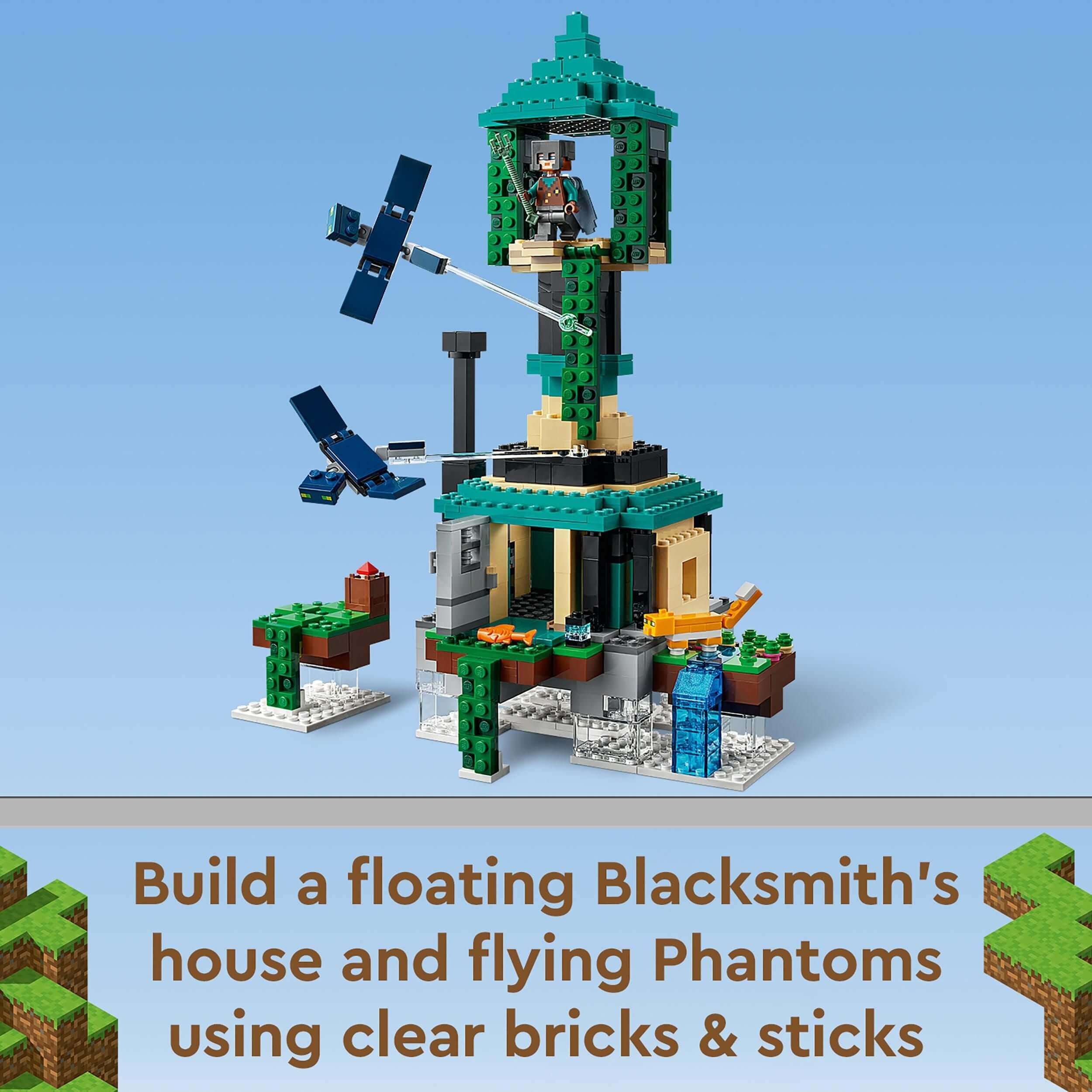 LEGO Minecraft The Sky Tower set 21173 featuring a Blacksmith's house and flying Phantoms, ideal for creative play.