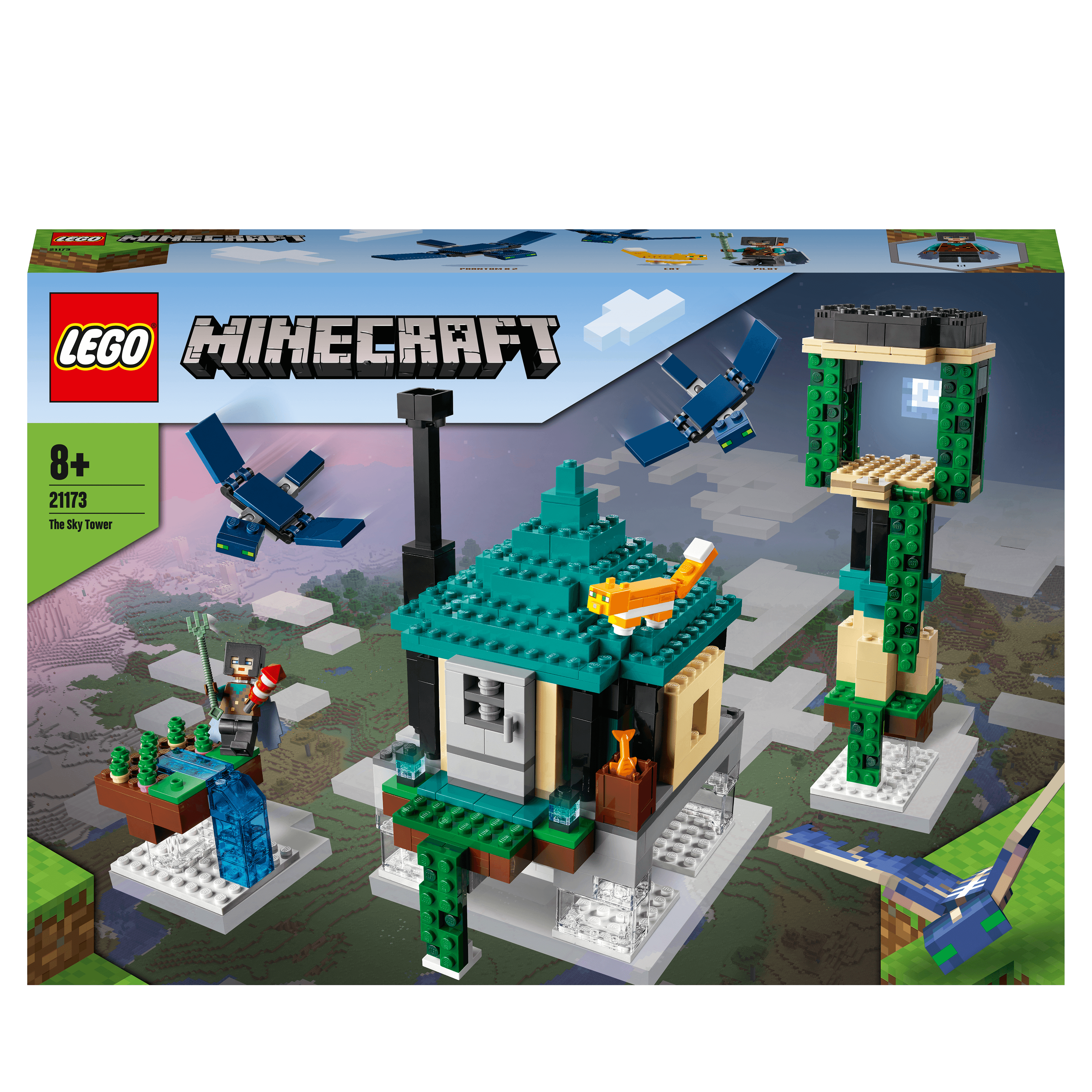 LEGO Minecraft The Sky Tower Building Set 21173 with diverse environments for creative play, perfect for Minecraft fans.