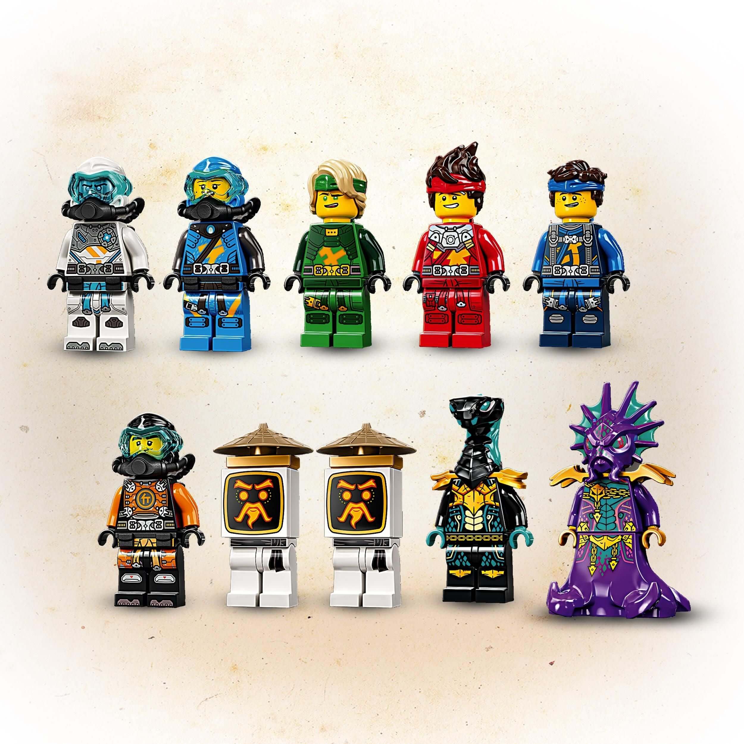 LEGO NINJAGO Hydro Bounty Set 71756 featuring 10 detailed minifigures for underwater battles.