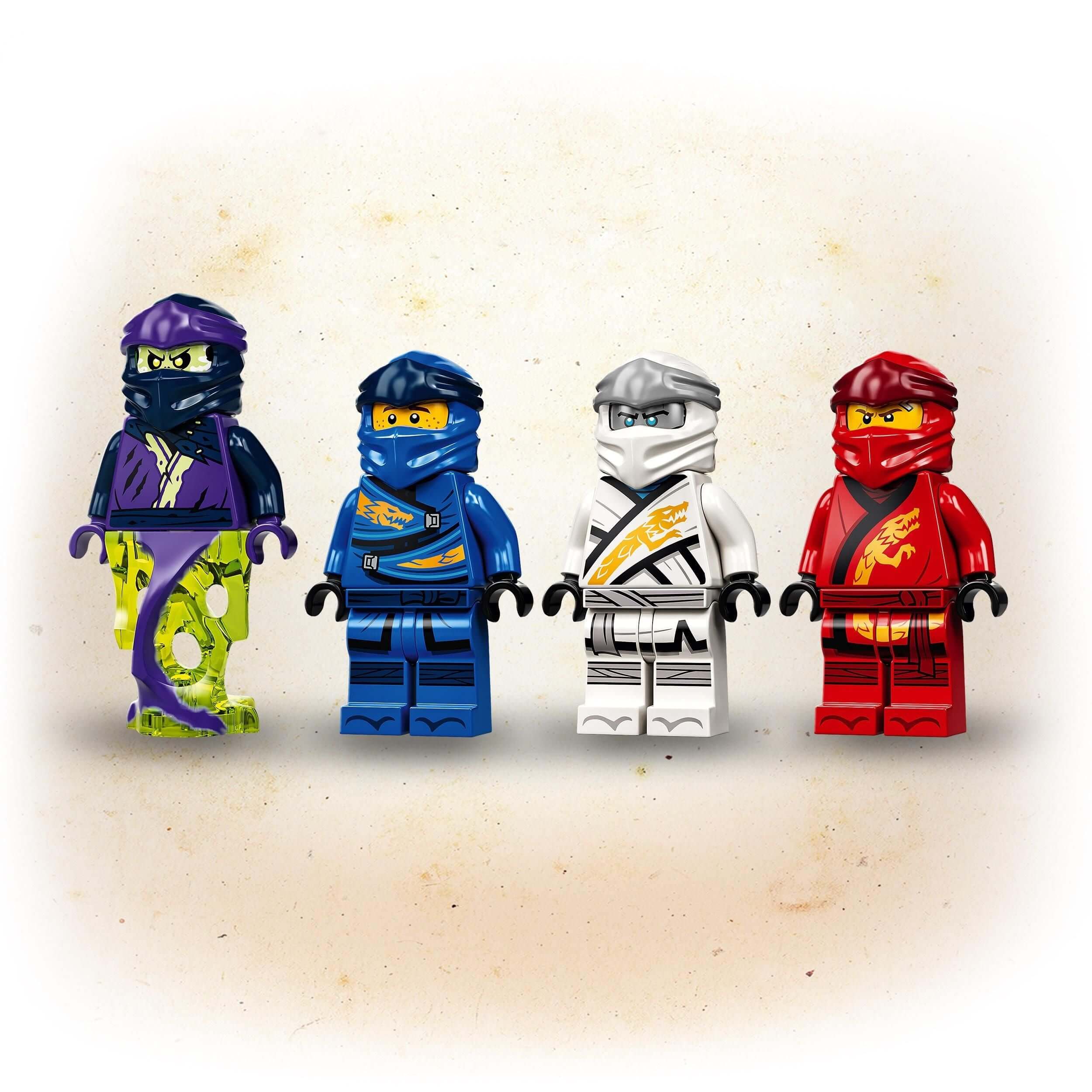 LEGO® NINJAGO minifigures set featuring four ninjas in colorful outfits for imaginative play and building fun.