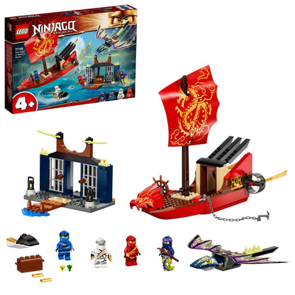 LEGO® NINJAGO Legacy Destiny’s Bounty Ship Set 71749 with minifigures, island, jet ski, and dragon toys.