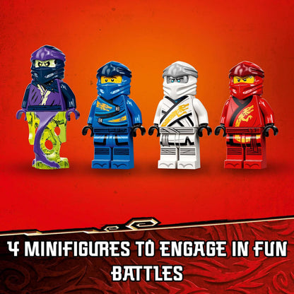 Four LEGO® NINJAGO minifigures ready for fun battles in the Destiny’s Bounty Ship Set, engaging kids in creative play.