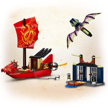 LEGO® NINJAGO Legacy Destiny's Bounty set with ship, dragon, island, and prison for kids' imaginative play.