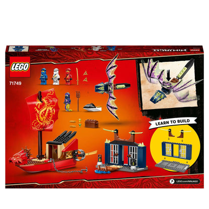 LEGO NINJAGO Legacy Destiny's Bounty Ship Set 71749, featuring dragon toys, jet ski, and island prison with 4 minifigures.