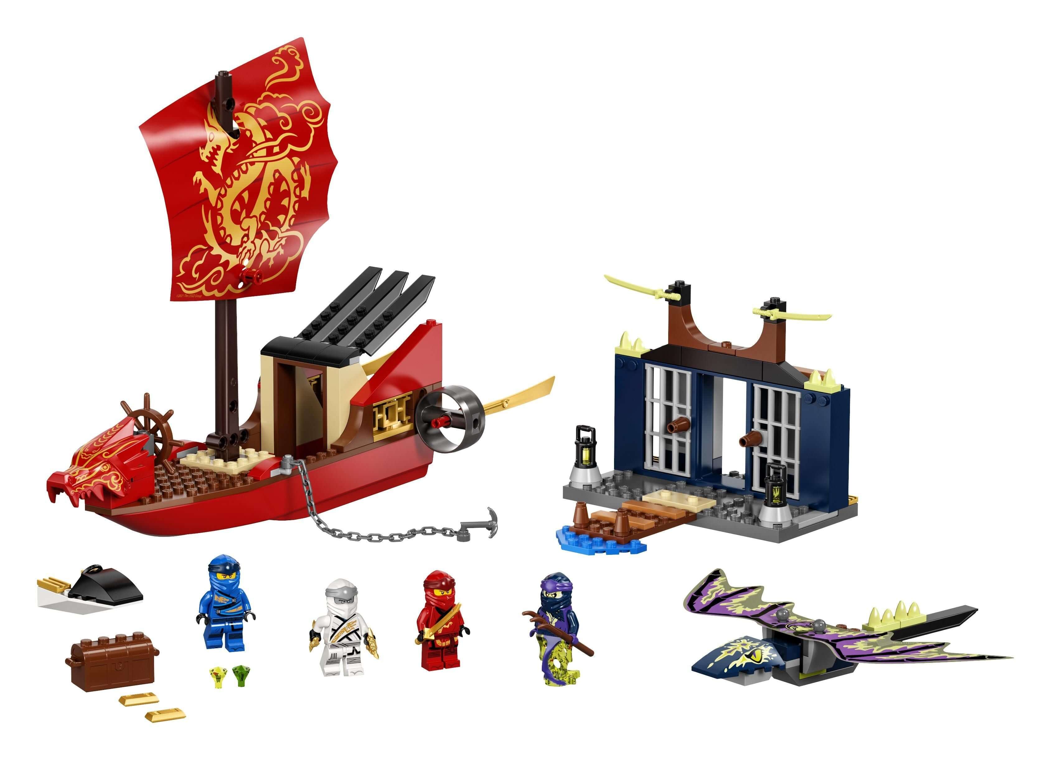 LEGO® NINJAGO Legacy Destiny’s Bounty Ship Set 71749 with dragon toys, minifigures, and island prison playset