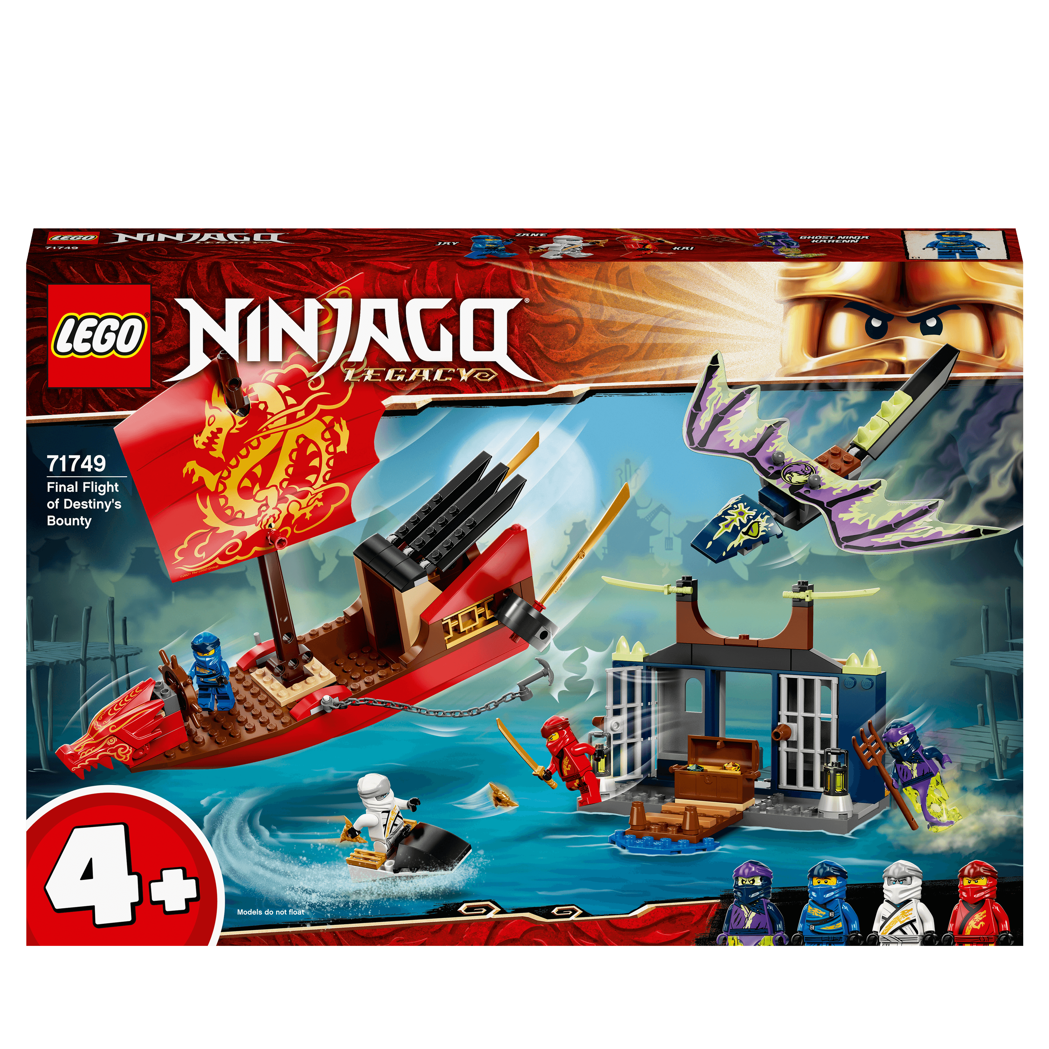 LEGO NINJAGO Legacy Destiny's Bounty 71749 ship playset with minifigures, jet ski, dragon, and island setting.