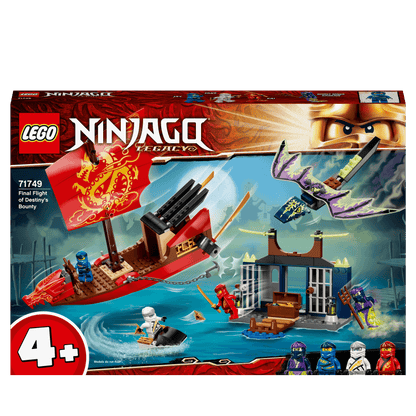 LEGO NINJAGO Legacy Destiny's Bounty 71749 ship playset with minifigures, jet ski, dragon, and island setting.