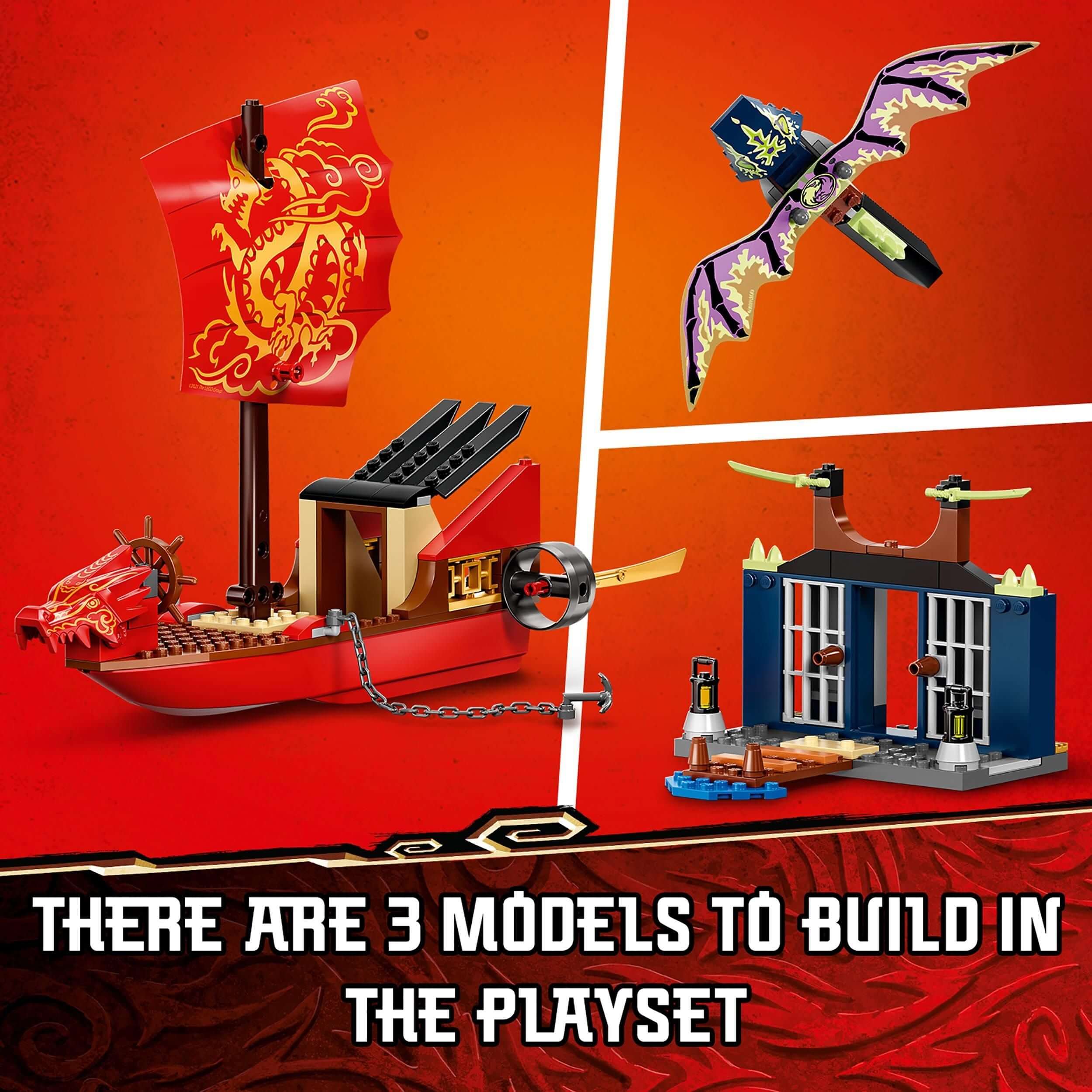 LEGO® NINJAGO Legacy Destiny's Bounty ship set displaying 3 models: a ship, dragon, and island prison.