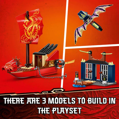 LEGO® NINJAGO Legacy Destiny's Bounty ship set displaying 3 models: a ship, dragon, and island prison.