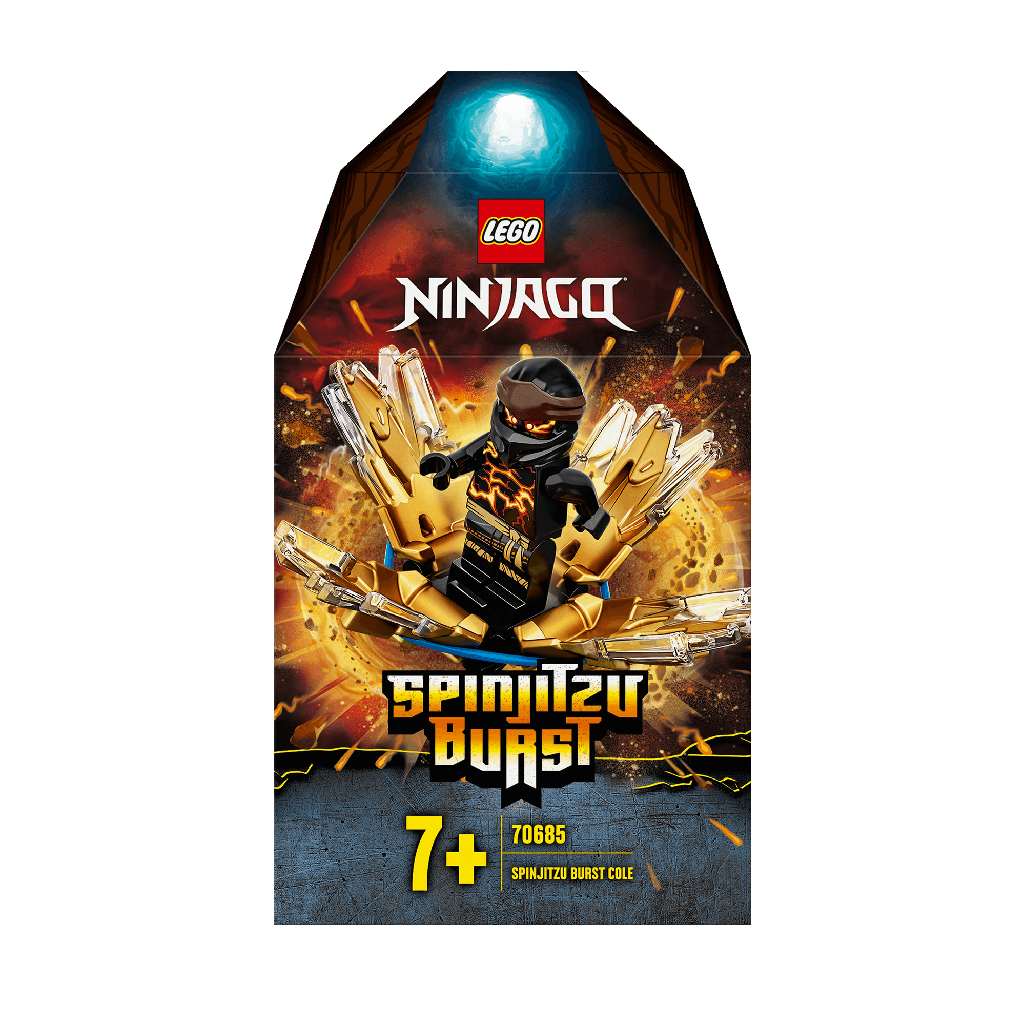 LEGO® NINJAGO Spinjitzu Burst Cole spinner toy 70685 packaging with vibrant colors and action graphics.