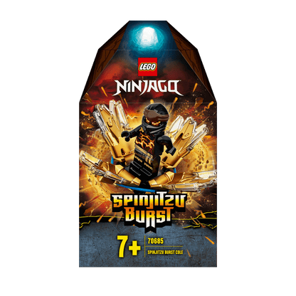 LEGO® NINJAGO Spinjitzu Burst Cole spinner toy 70685 packaging with vibrant colors and action graphics.