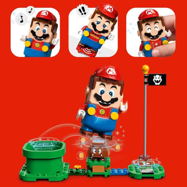 LEGO Super Mario Adventure featuring Mario figure jumping, displaying expressive responses and interactive gameplay.