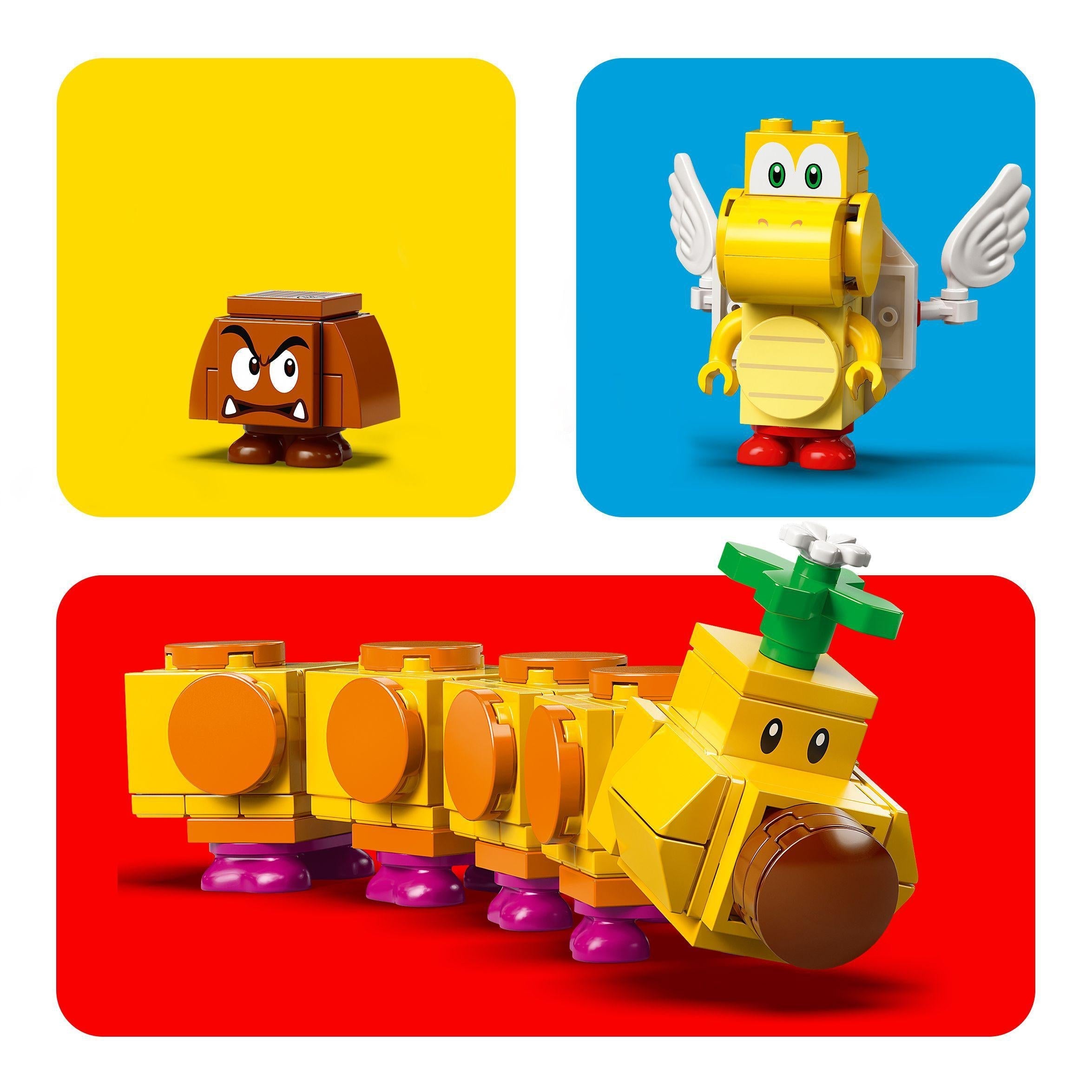 LEGO® Super Mario characters including Goomba, Winged Koopa, and a Caterpillar in vibrant colors and playful designs.