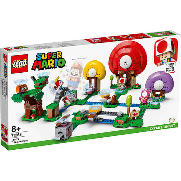 LEGO® Super Mario™ Toad's Treasure Hunt Expansion Set 71368 with colorful mushroom houses and game elements.