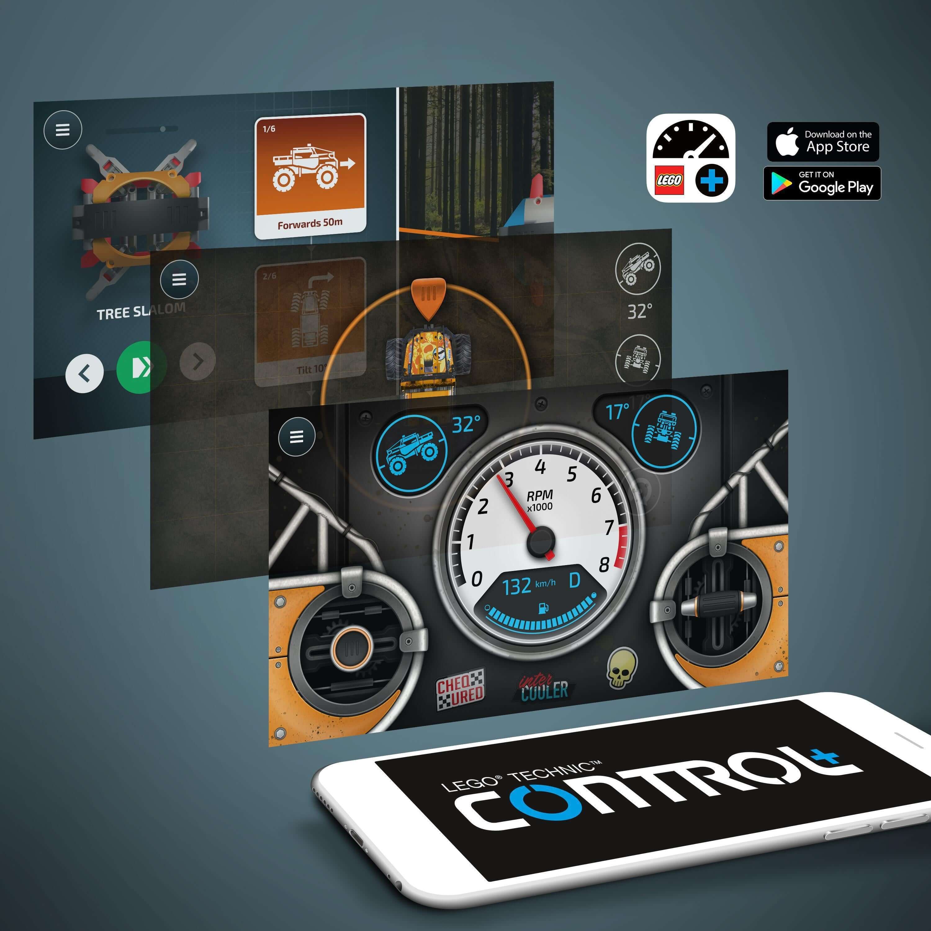 LEGO® Technic CONTROL+ app interface for 4x4 X-treme Off-Roader set, showing dashboard and control features.