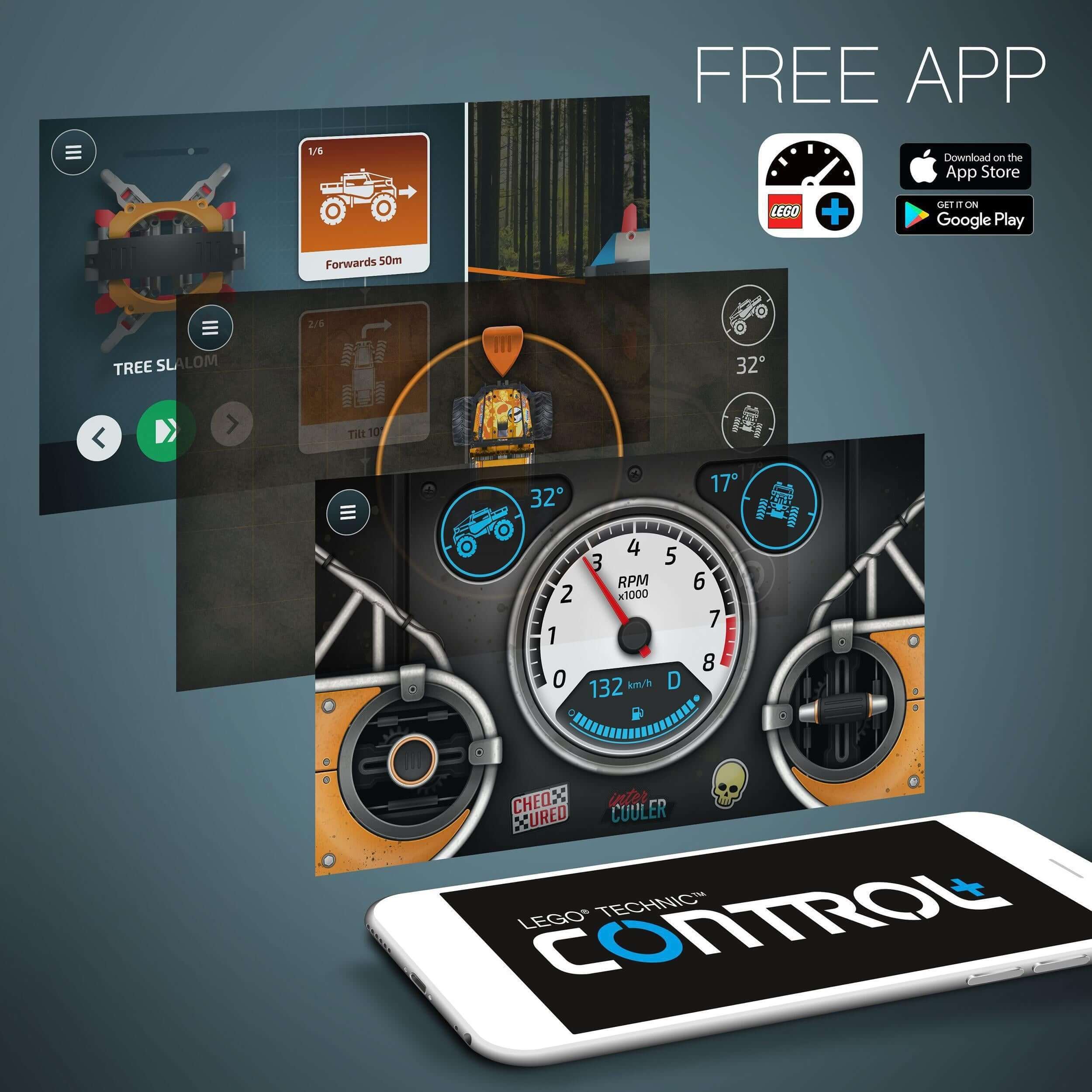 LEGO® Technic CONTROL+ app interface showcasing 4x4 X-treme Off-Roader features and controls for enhanced play experience.