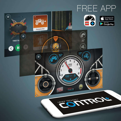LEGO® Technic CONTROL+ app interface showcasing 4x4 X-treme Off-Roader features and controls for enhanced play experience.
