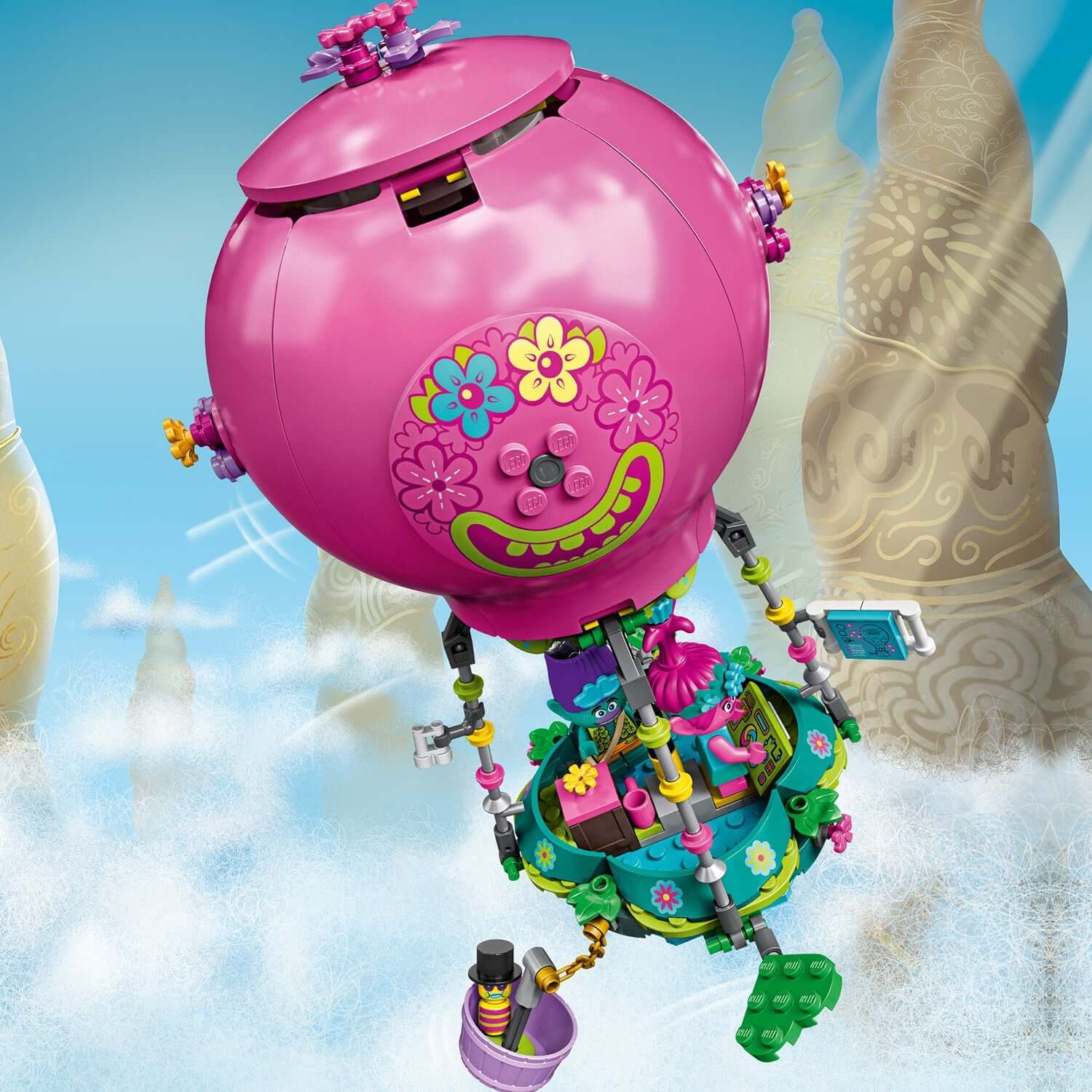 LEGO® Trolls Poppy’s Hot Air Balloon Playset 41252, featuring vibrant colors and fun accessories inspired by the Trolls World Tour.