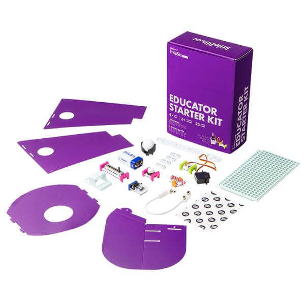 littleBits Educator Starter Kit components including circuit parts, connectors, and instruction box for STEAM learning.