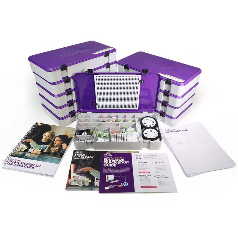 littleBits STEAM+ Coding Kit Class Pack with storage containers, inventor guides, and coding components.