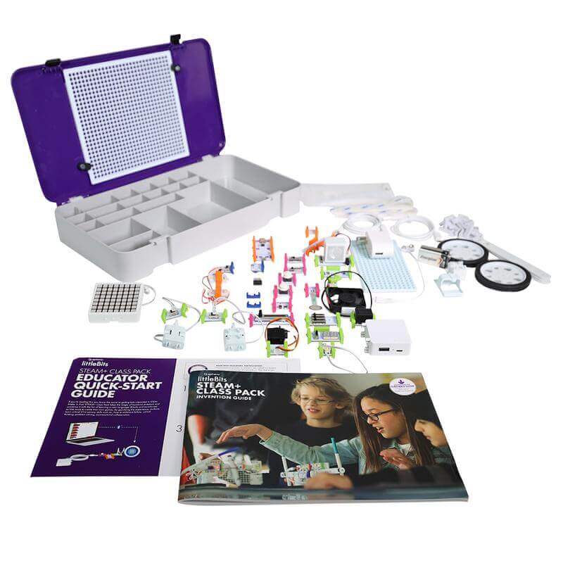 littleBits STEAM+ Coding Kit with materials, educator guides, and invention components for engaging classroom learning.