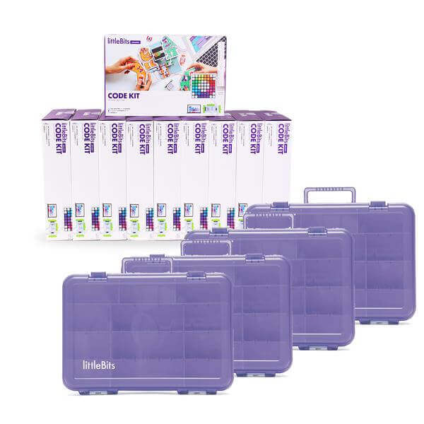 littleBits Code Kit Classroom Bundle with purple storage cases and instructional materials for coding activities.