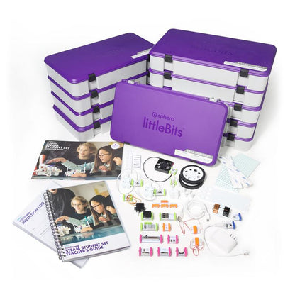 LittleBits STEAM Student Set Class Pack including 10 kits, teacher's guide, and engineering components for hands-on learning.