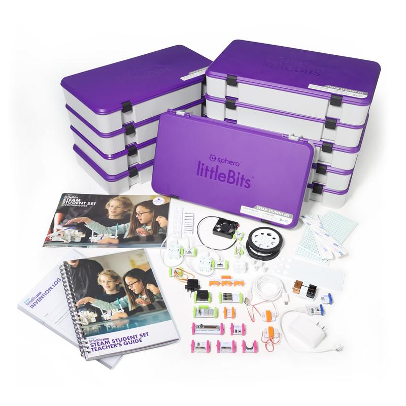 LittleBits STEAM Student Set Class Pack including 10 kits, teacher's guide, and engineering components for hands-on learning.
