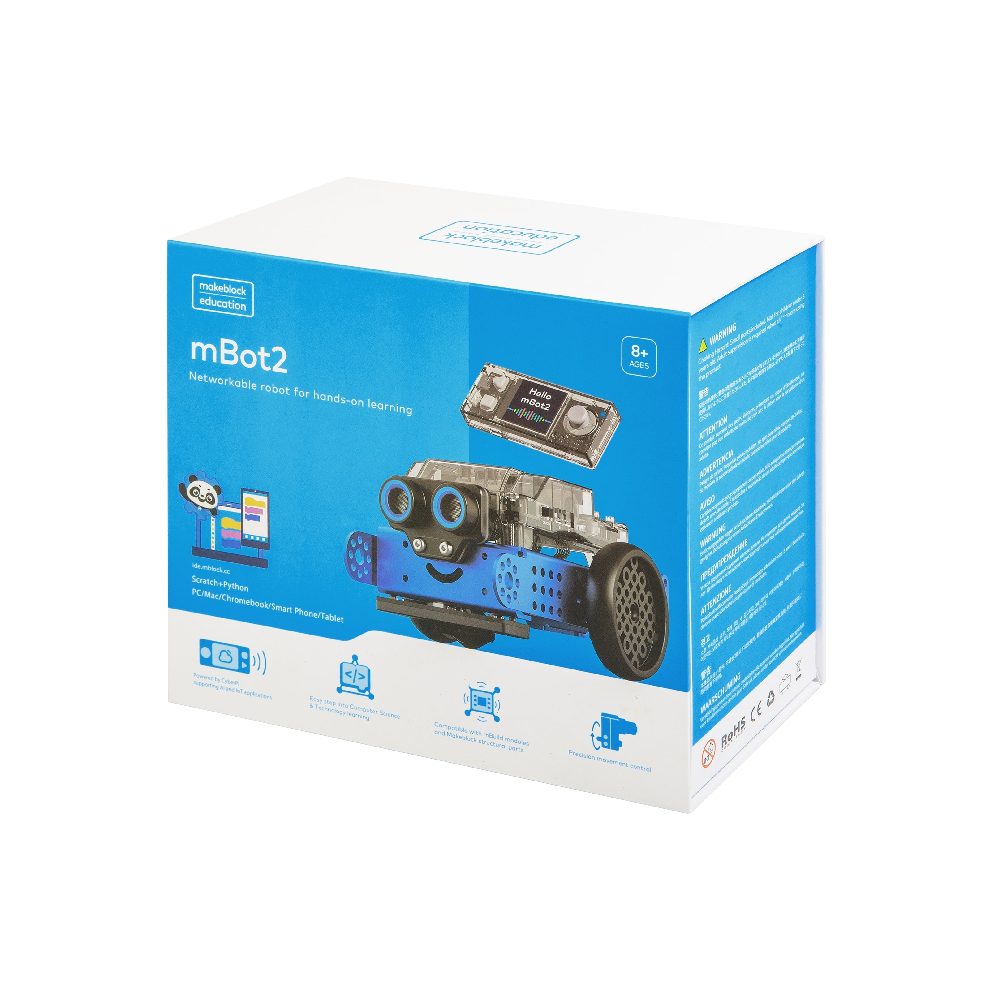 Makeblock mBot2 educational robot package showcasing Bluetooth dongle and CyberPi, ideal for hands-on learning.