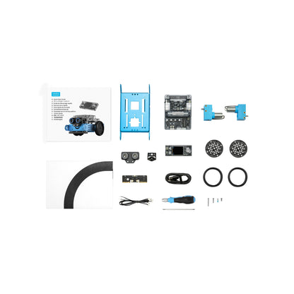 Makeblock mBot 2 parts and components with tools for educational robotics and programming.