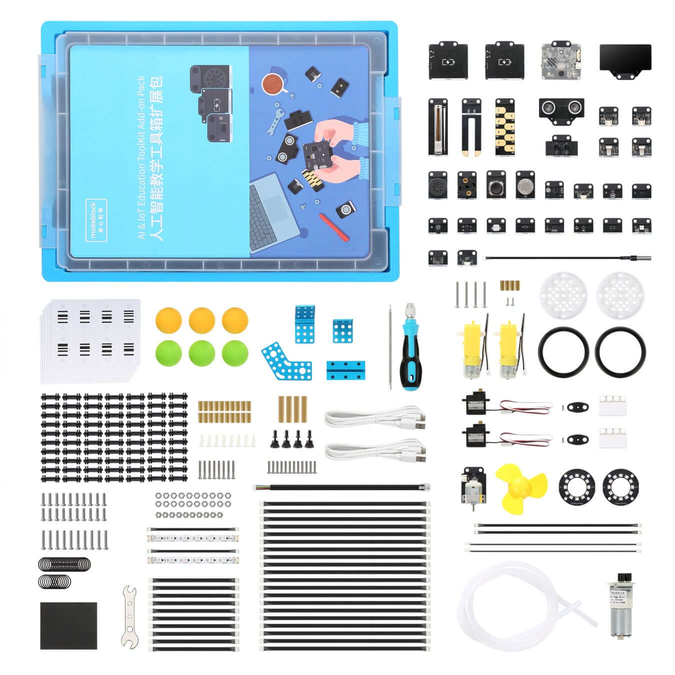 Makeblock AI & IoT Education Toolkit Add-on Pack with various electronic modules and accessories for learning AI.