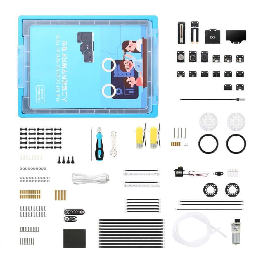 Makeblock AI & IoT Scientist Add-on Pack components layout, featuring tools, sensors, and educational materials.