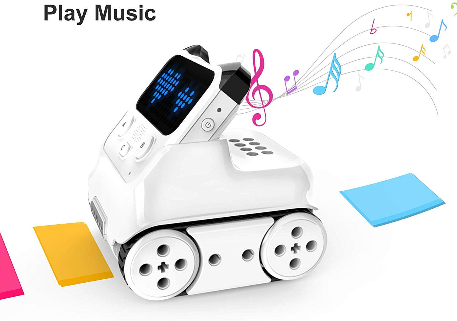 Makeblock Codey Rocky coding robot playing music with colorful notes, designed for engaging STEAM education.