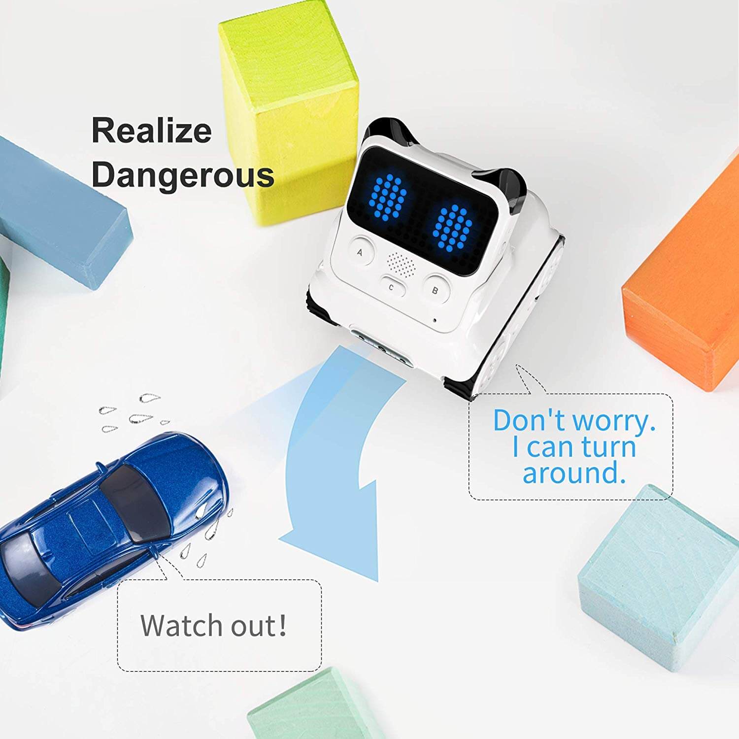 Makeblock Codey Rocky coding robot navigating around colorful blocks and toy car in a playful learning setup.