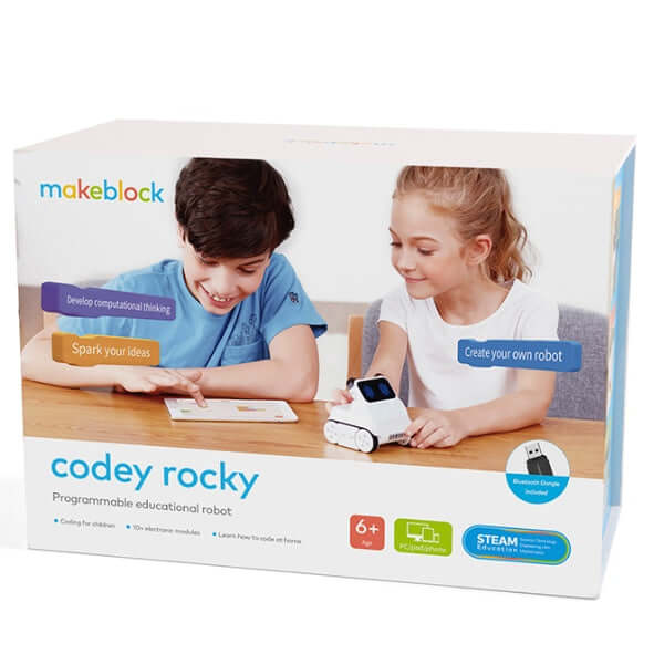 Makeblock Codey Rocky packaging, showcasing kids engaged in STEAM education and programming.