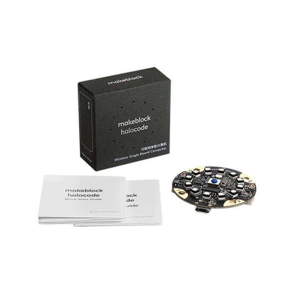 Makeblock HaloCode V2 wireless single board computer with packaging and user guide, ideal for IoT projects and education.