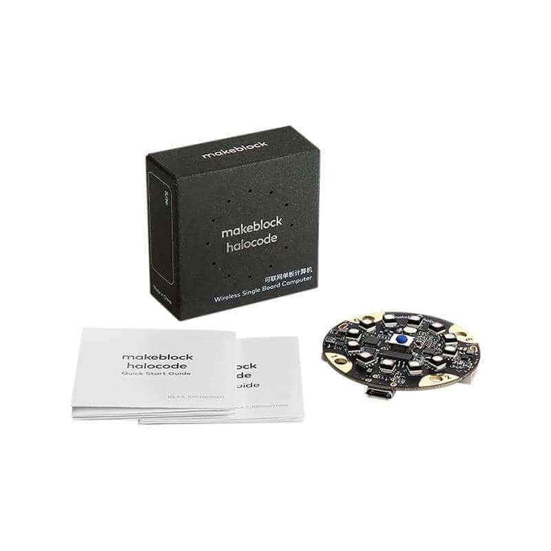 Makeblock HaloCode V2 wireless single board computer with packaging and user guide, ideal for IoT projects and education.