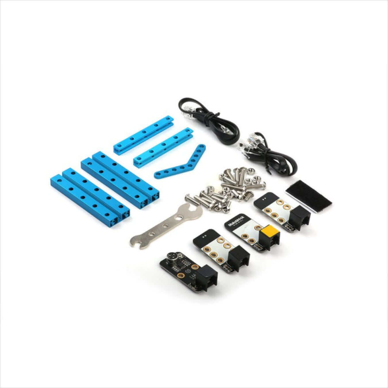 Makeblock mBot Add-On Pack components, including blue pieces, sensors, connectors, and assembly tools for interactive projects.