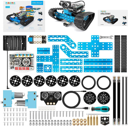 Makeblock mBot Ranger Robot Kit components including robotic parts, motors, and programming tools for educational exploration.