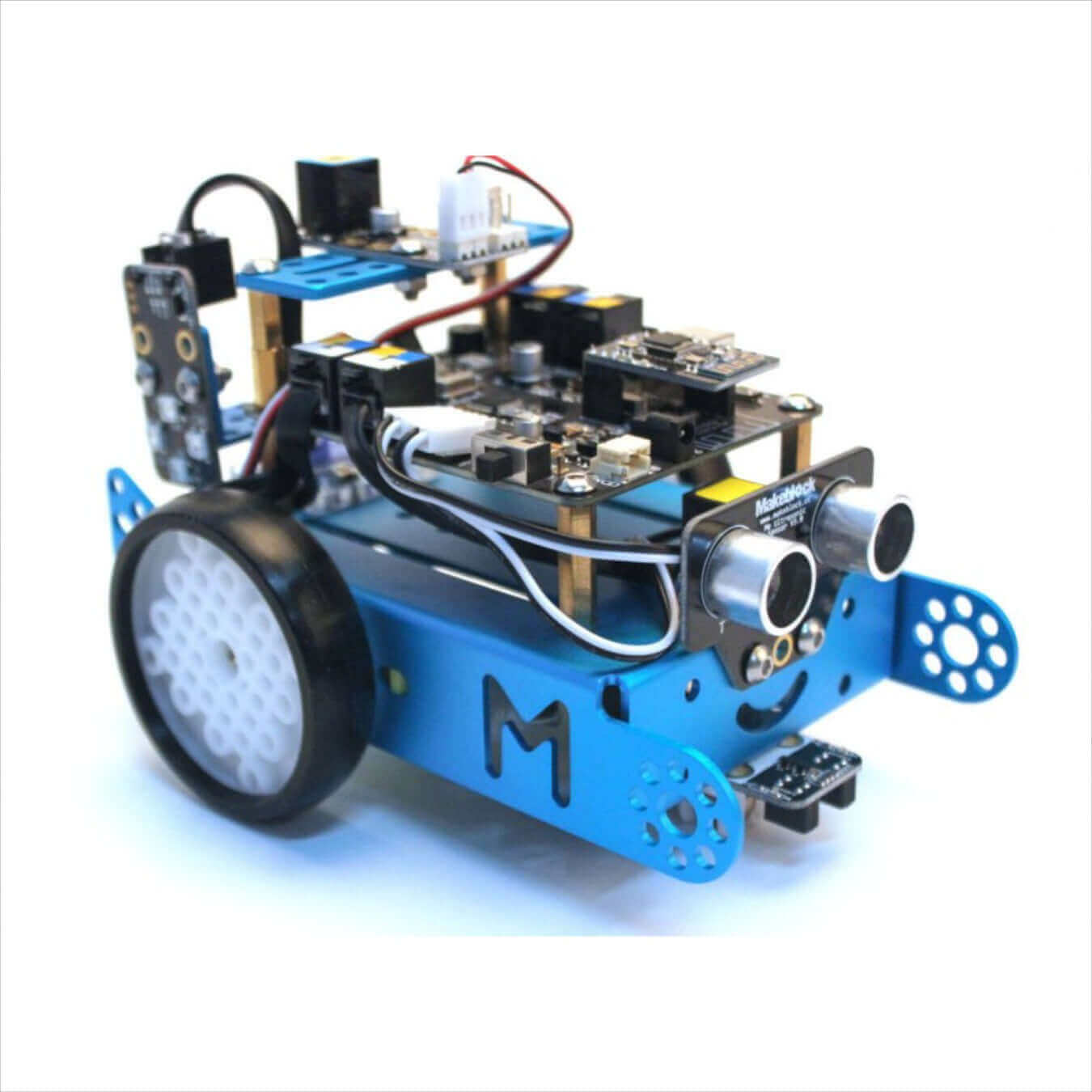 Makeblock mBot robot with sensors and wheels, ideal for educational robotics projects and programming.