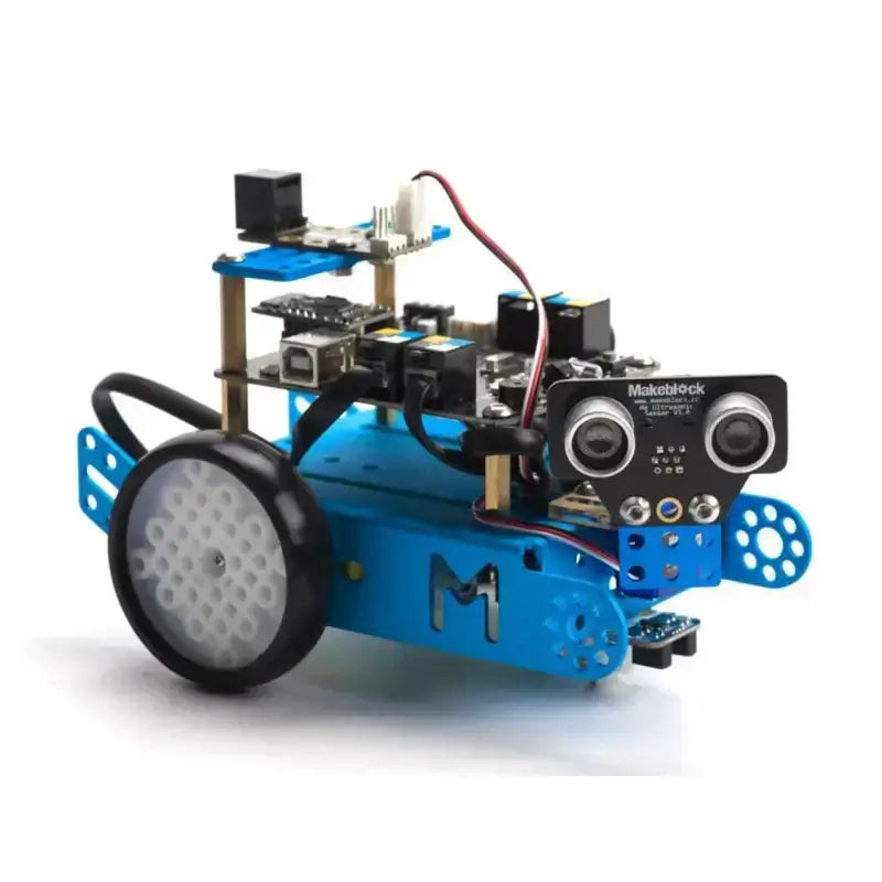 Makeblock mBot robot with sensors and wheels, designed for creative robotics projects and programming.