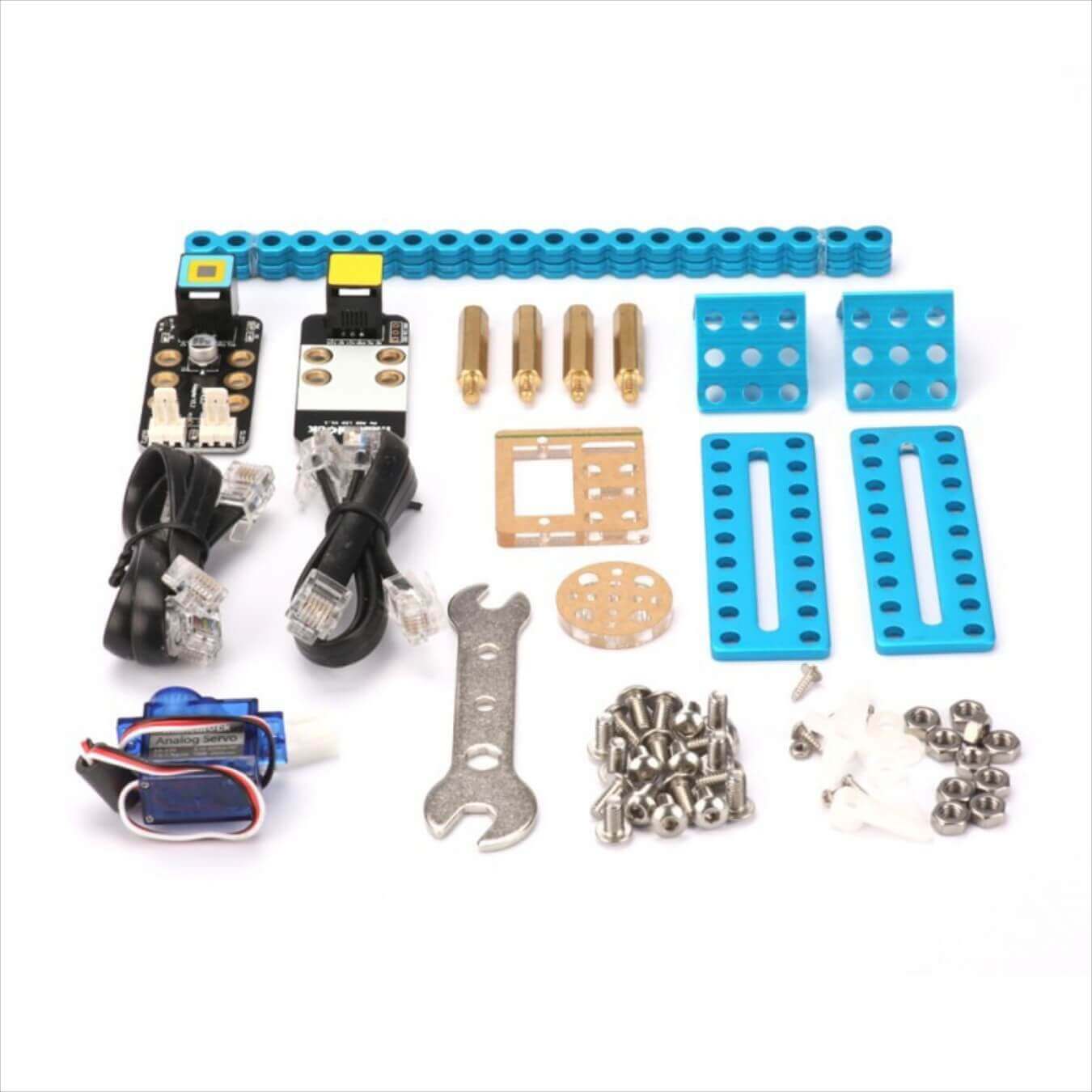 Makeblock mBot Servo Add-on Pack components including servos, connectors, and assembly parts for robot customization.