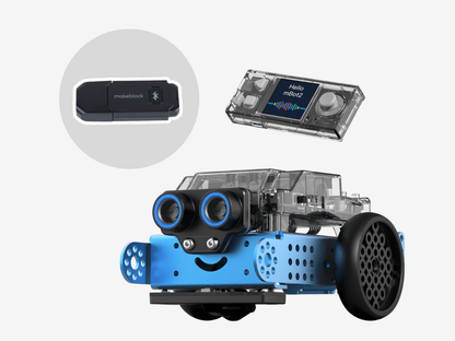 Makeblock mBot 2 educational robot with Bluetooth dongle and CyberPi display for interactive learning.
