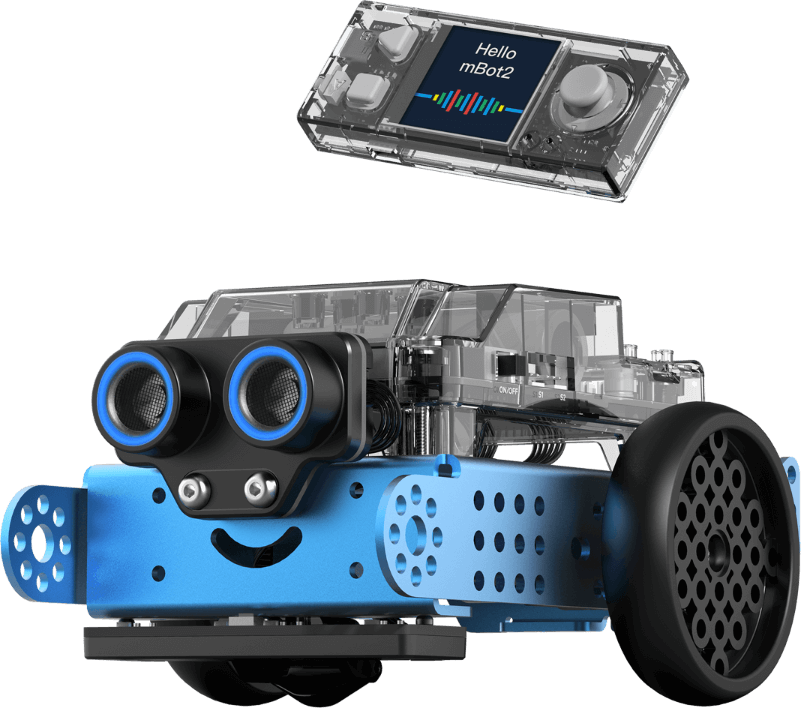 Makeblock mBot 2 educational robot with CyberPi microcontroller and sensors for student learning.