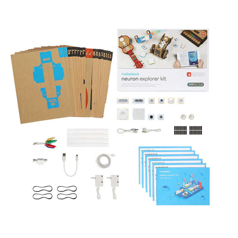 Makeblock Neuron Explorer Kit components including cards, connectors, and guides for educational projects.