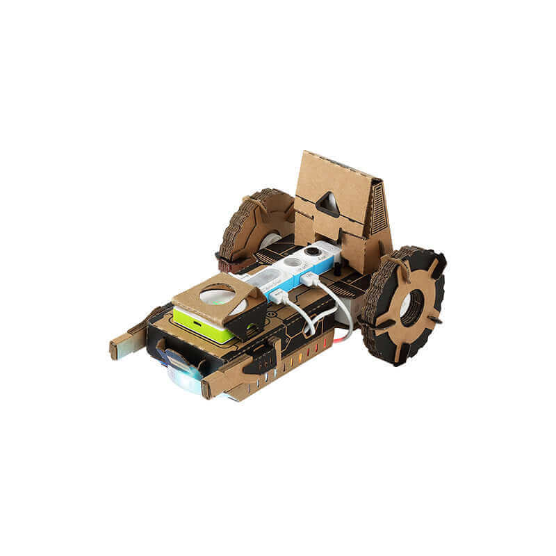 Makeblock Neuron Explorer Kit cardboard robot car model with wheels and sensors for kids' learning and creativity.