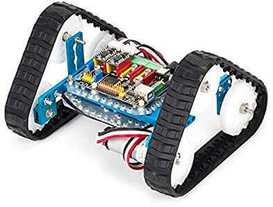 Close-up of Makeblock Ultimate Robot Kit V2.0 mBot with tank tracks and electronic components.